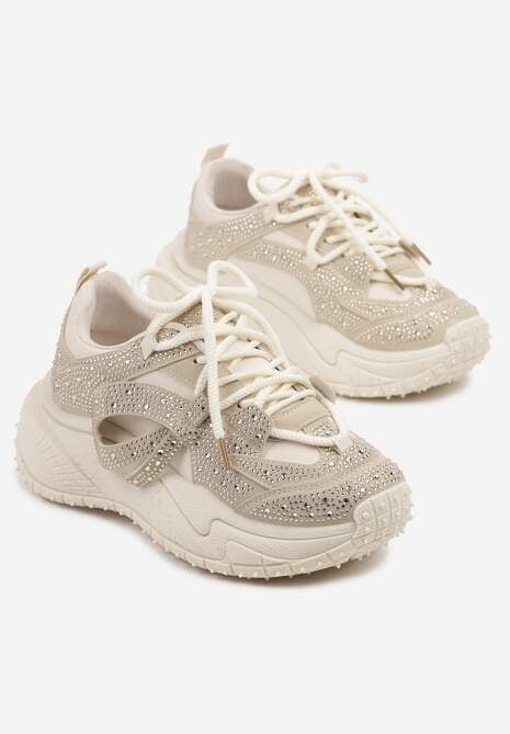 Beżowe Sneakersy z Cyrkoniami i Ozdobnym Sznurowaniem Sorvea