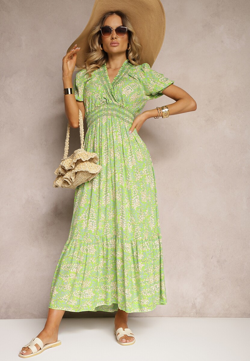 Jasnozielona Trapezowa Sukienka z Bawełny z Bufiastymi Rękawami Falbaną i Gumką w Talii Vimayana