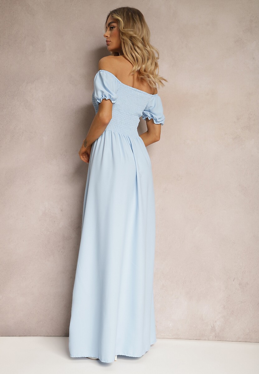 Jasnoniebieska Sukienka z Gumeczkami w Talii i Przy Dekolcie z Rozkloszowanym Dołem Anideta