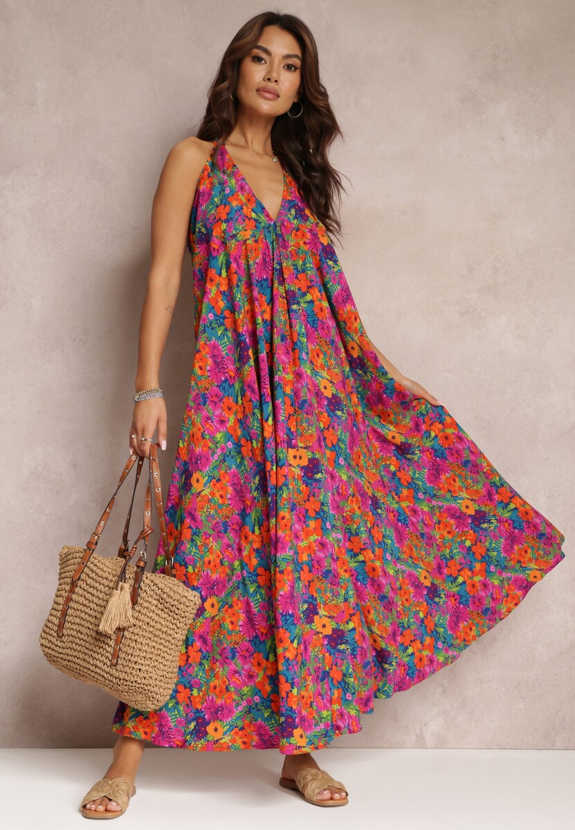 Różowa Kwiecista Sukienka Maxi z Wiskozy z Wiązaniem na Szyi i Plecach Lunka