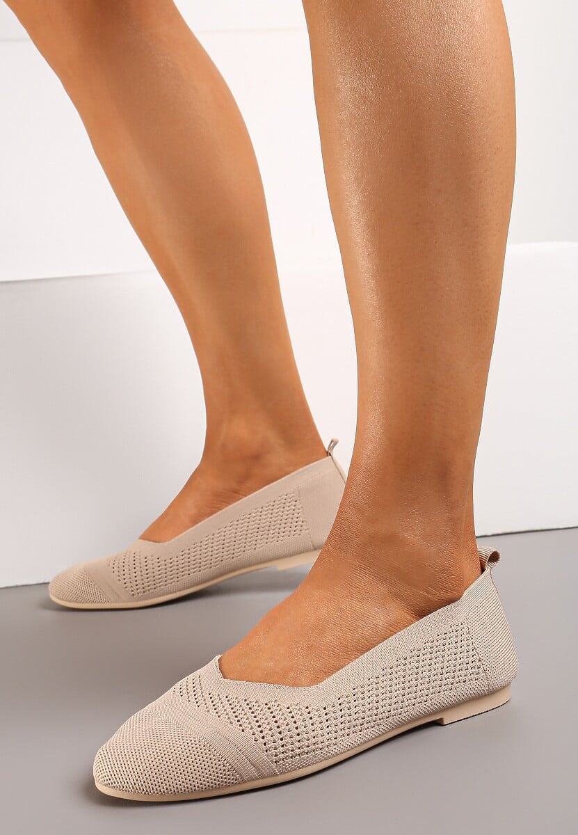 Ciemnobeżowe Płaskie Balerinki z Siateczkowego Materiału Nelibra