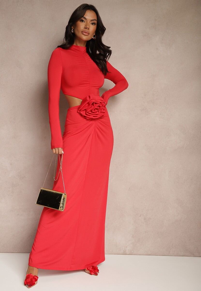 Czerwona Koktajlowa Sukienka z Wiskozą Ozdobiona Kwiatem 3D i Wycięciami Hannith