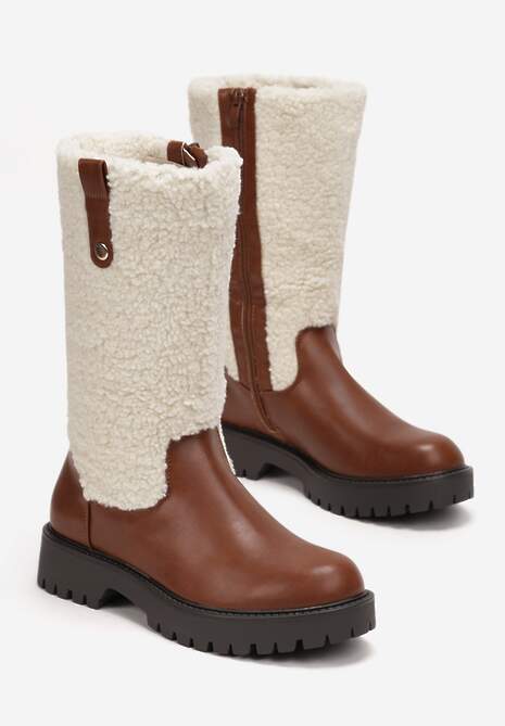 Brązowe Płaskie Botki z Cholewką z Ciepłego Kożuszka Cirillo