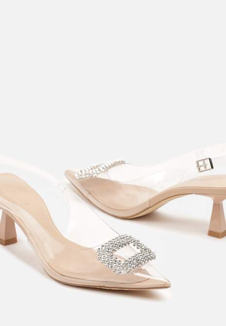 Beżowo-Białe Przezroczyste Sandały na Kaczuszce Ozdobione Cyrkoniami Nalavithe