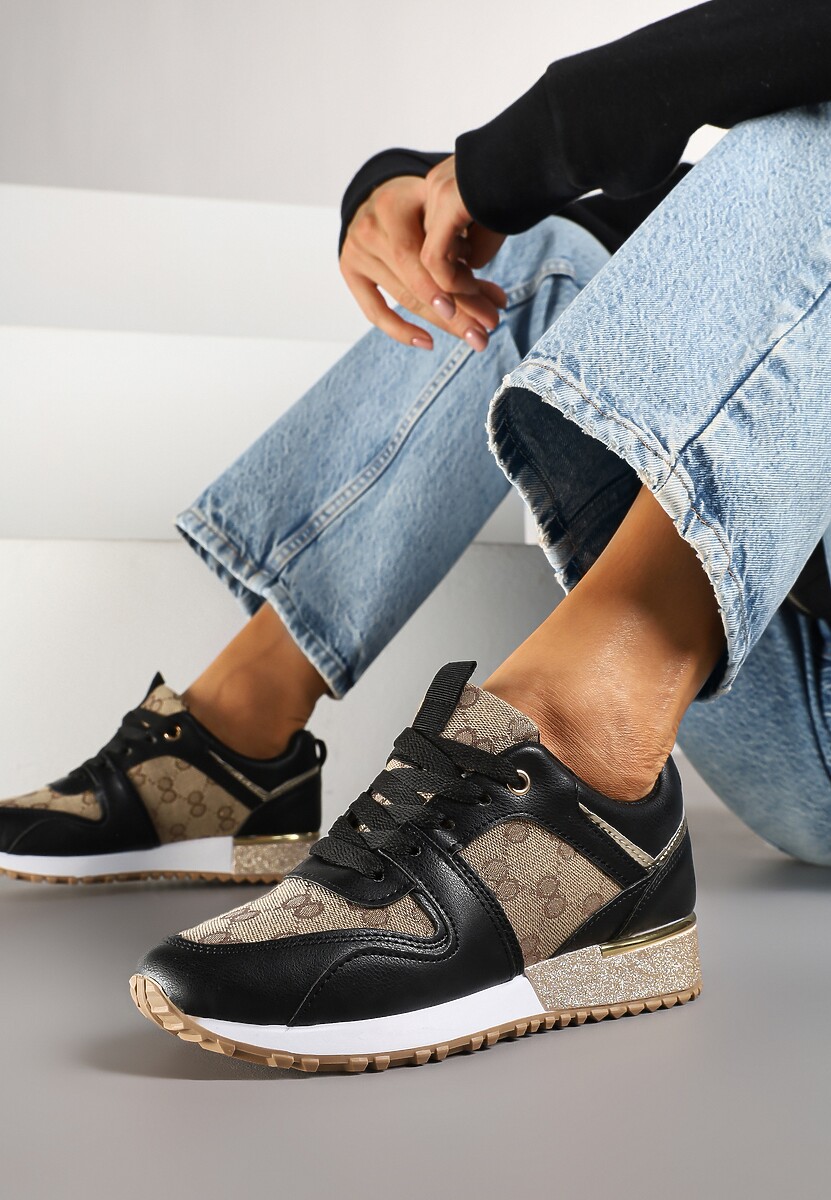 Czarno-Brązowe Sneakersy Ozdobione Metaliczną Aplikacją i Przeszyciami Soltia