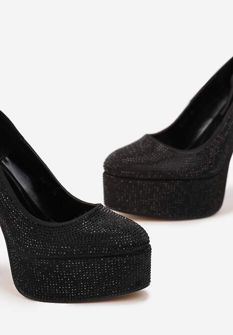 Czarne Błyszczące Czółenka z Ekoskóry na Platformie i Słupku Afroia