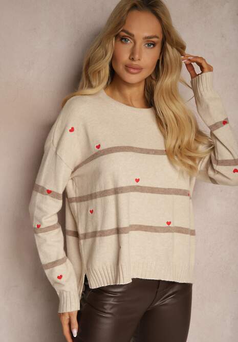 Beżowy Sweter w Paski Ozdobiony Haftowanymi Sercami Nerissea