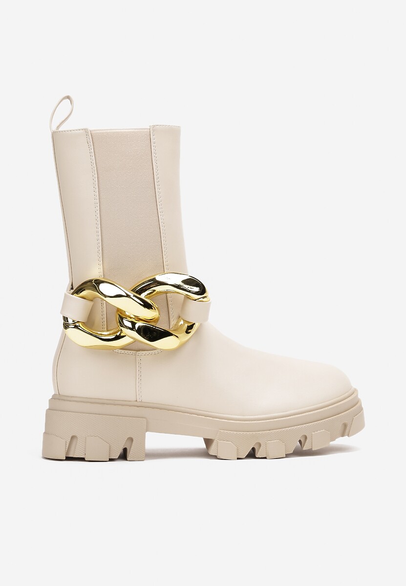 Beżowe Botki Sztyblety w Stylu Chunky z Łańcuchem Retrona