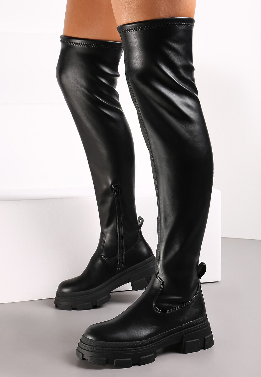 Czarne Kozaki Workery z Dopasowaną Cholewką za Kolano Kolfrida