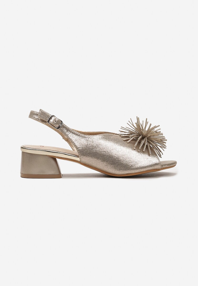 Złote Sandały Vices na Słupku ze Skórzaną Wkładką z Pomponem i Cyrkoniami Tiraga