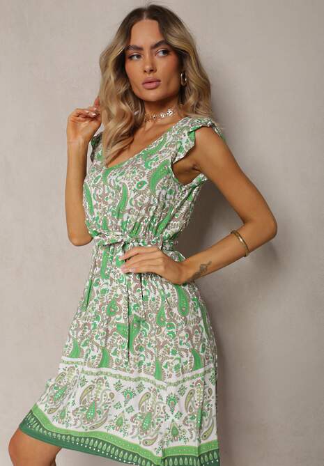 Jasnozielona Rozkloszowana Sukienka z Wiskozy z Paskiem w Talii Riasha