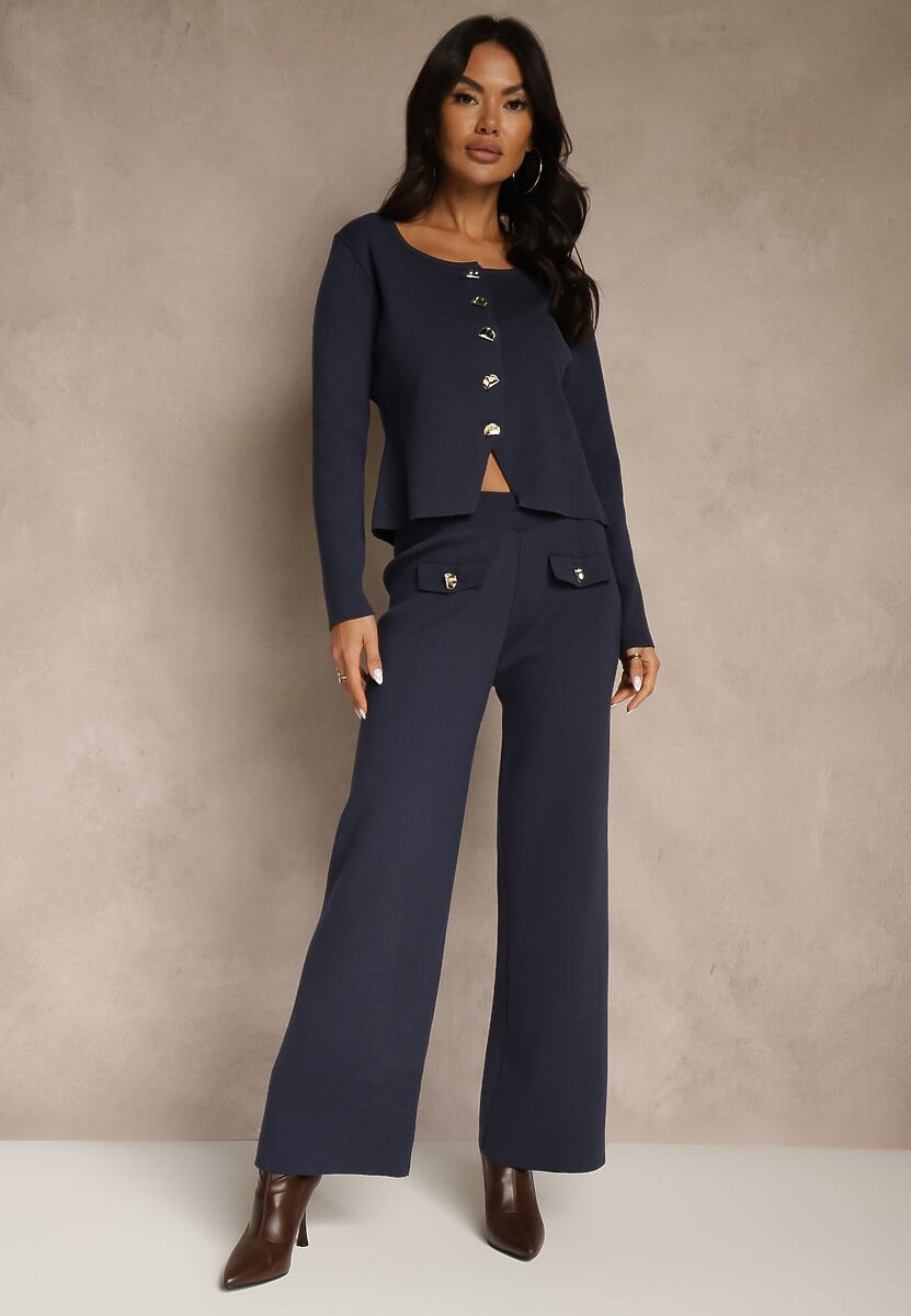 Granatowy Elegancki Komplet z Dzianiny z Wiskozą Kardigan i Spodnie Delinavea