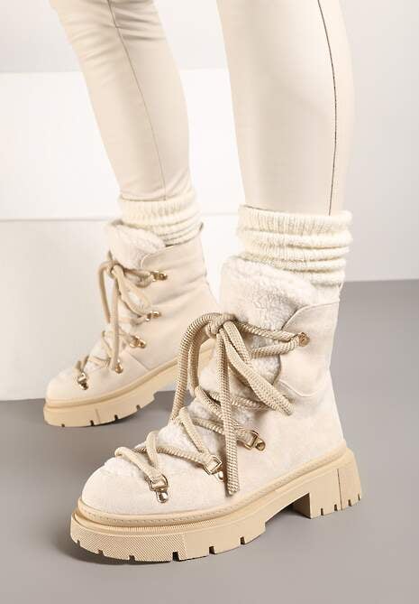 Beżowe Traperki Wiązane na Sznurek Ozdobione Kożuszkiem Sidonnie