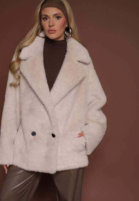 Beżowa Dwurzędowa Kurtka Futerko o Fasonie Oversize Manella