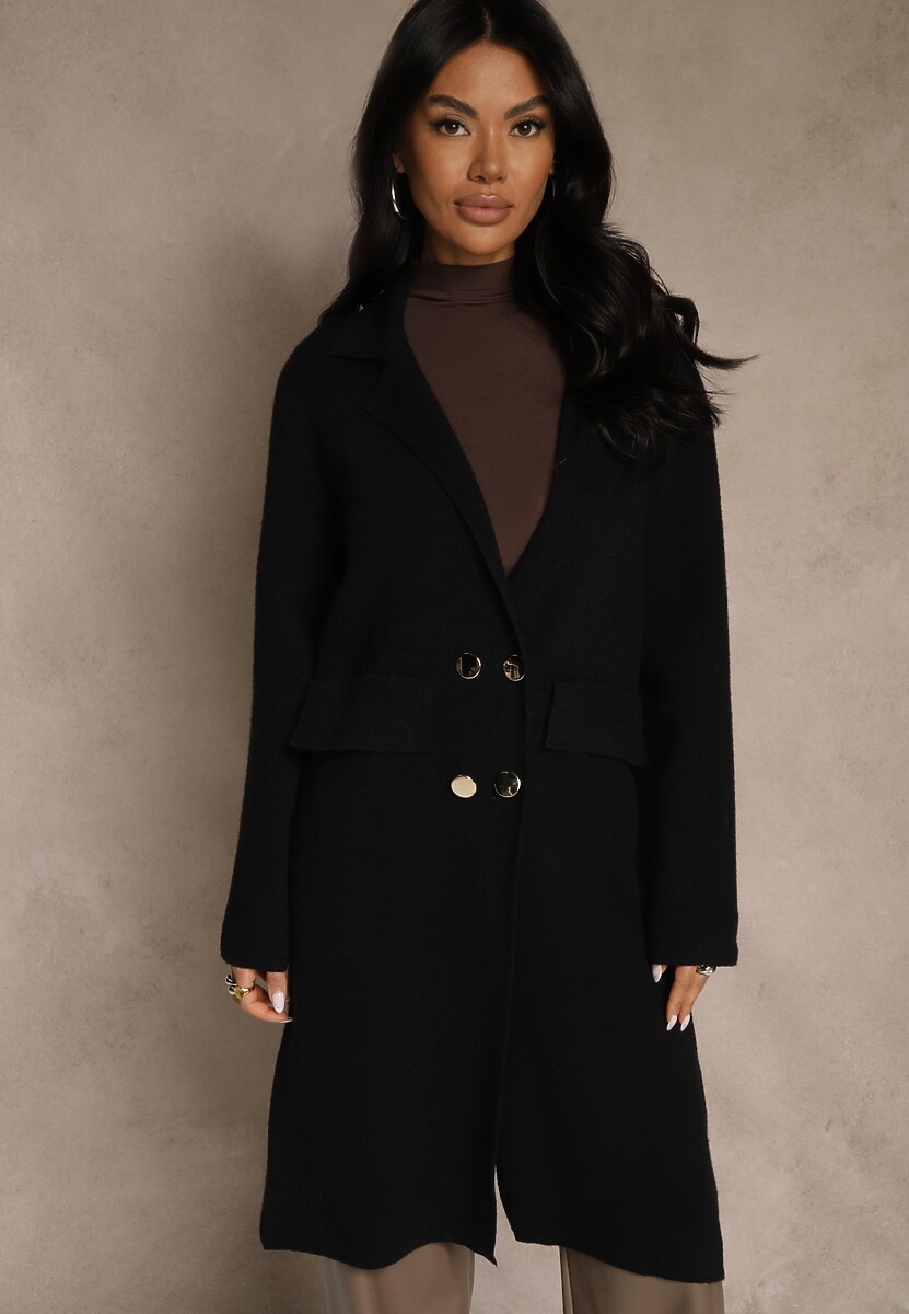 Czarny Płaszcz Dwurzędowy o Długim Kroju w Eleganckim Stylu Saratusa