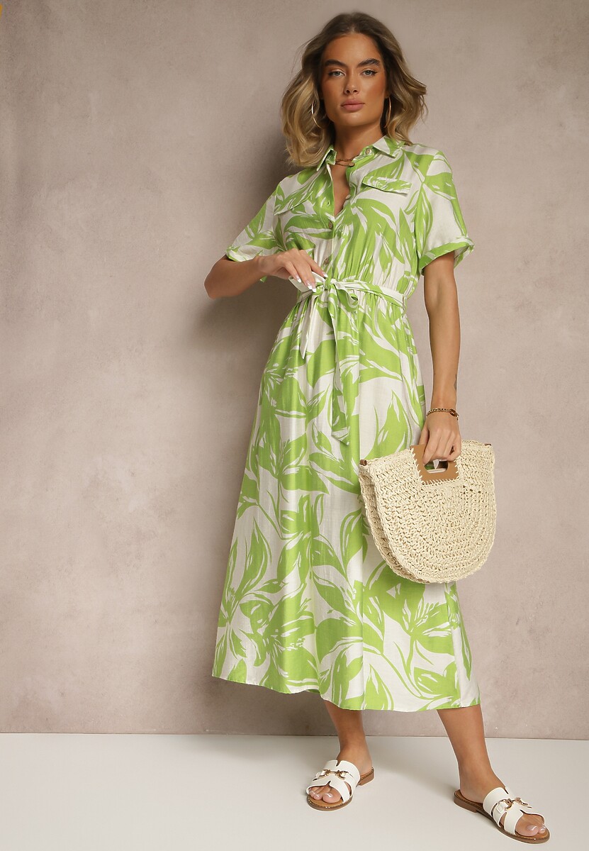 Zielona Koszulowa Sukienka z Wiskozy z Wiązanym Paskiem Ullosaria