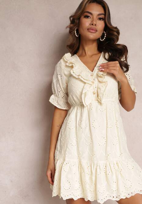 Beżowa Ażurowa Sukienka Mini z Gumką w Taliii Falbankami Rakki