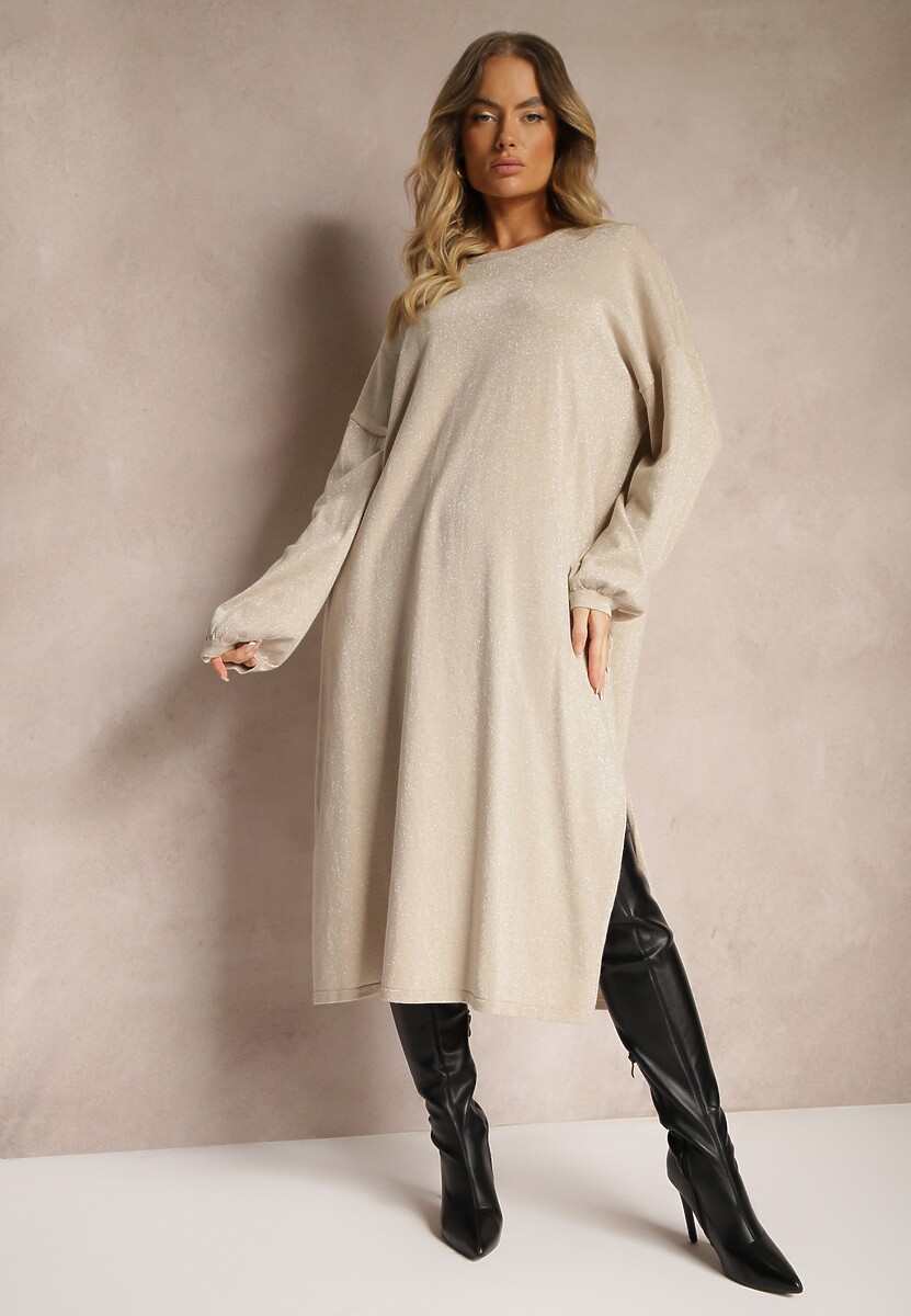 Beżowa Sukienka z Wiskozą o Pudełkowym Kroju z Metaliczną Nicią i Szerokimi Rękawami Arkina