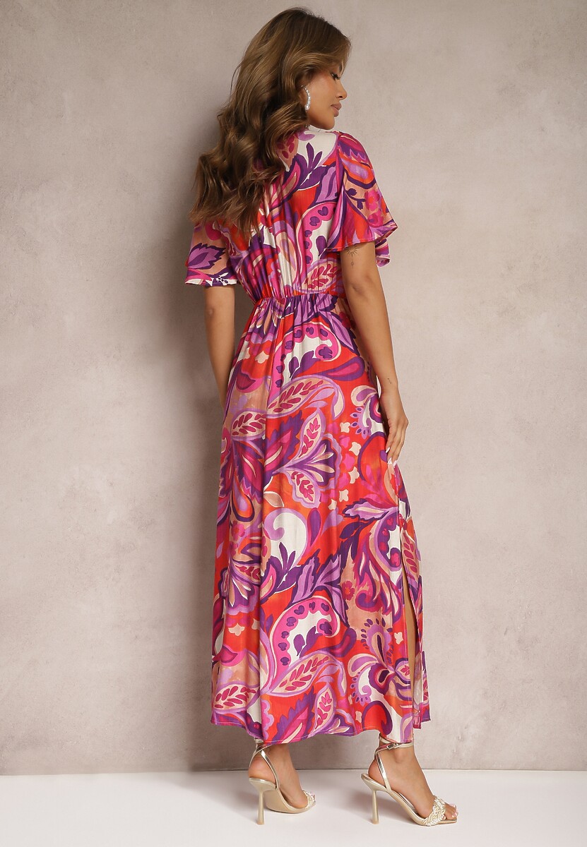 Fioletowo-Różowa Sukienka z Wiskozy o Rozkloszowanym Kroju z Ozdobnym Węzłem i Szerokimi Rękawami Janamla