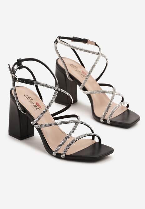 Czarne Sandały na Obcasie z Biżuteryjnymi Paseczkami Arriennea