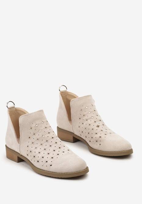 Beżowe Botki Sztyblety z Ażurową Cholewką Ozdobioną Rozcięciem Aniosa