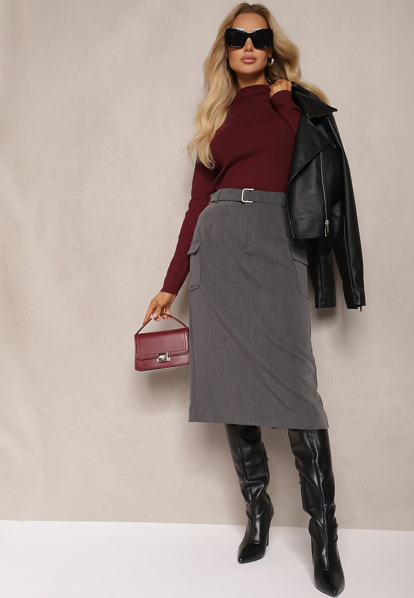 Szara Spódnica z Wiskozą Ozdobione Kieszeniami Cargo i Materiałowym Paskiem Labinia