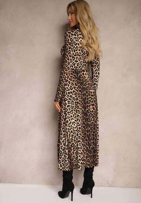 Brązowo-Czarna Taliowana Sukienka z Rozcięciem na Boku i Półgolfem Saimara