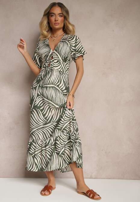 Zielona Sukienka Wiskozowa o Rozkloszowanym Kroju w Liściasty Wzór Beledia