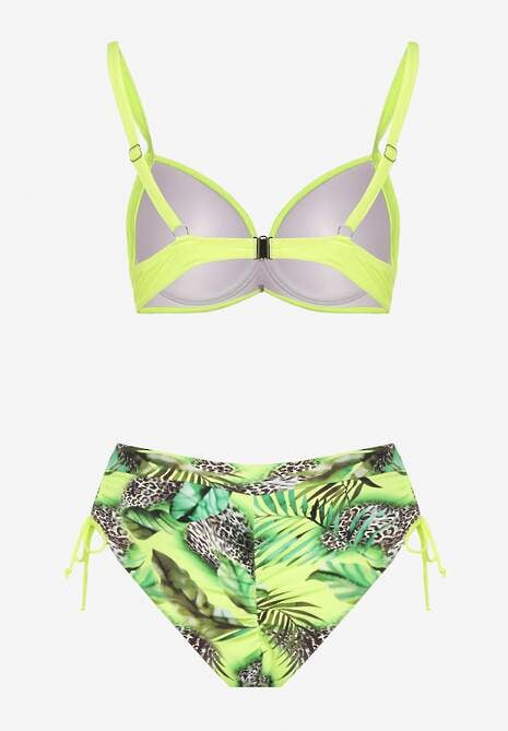 Jasnozielone Bikini z Motywem Roślinnym Biustonosz i Majtki Figi ze Ściągaczami Sadorene