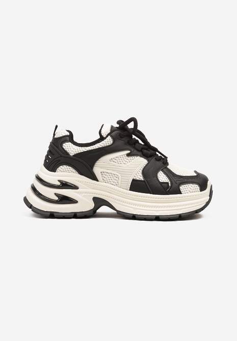 Czarno-Beżowe Sneakersy na Platformie z Tłoczeniem i Geometrycznym Wzorem Melvila