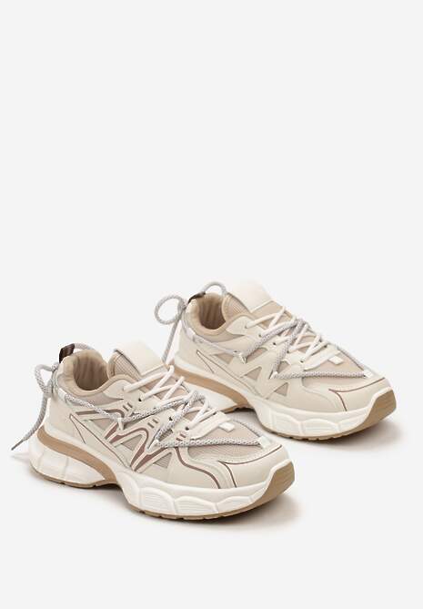 Beżowe Sneakersy z Siateczką na Podeszwie z Wycięciami i Ozdobnym Wiązaniem Dorila
