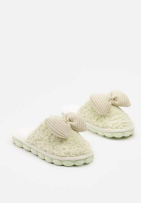 Jasnozielone Kapcie z Futerka z Kokardką na Ozdobnej Podeszwie Vamissa