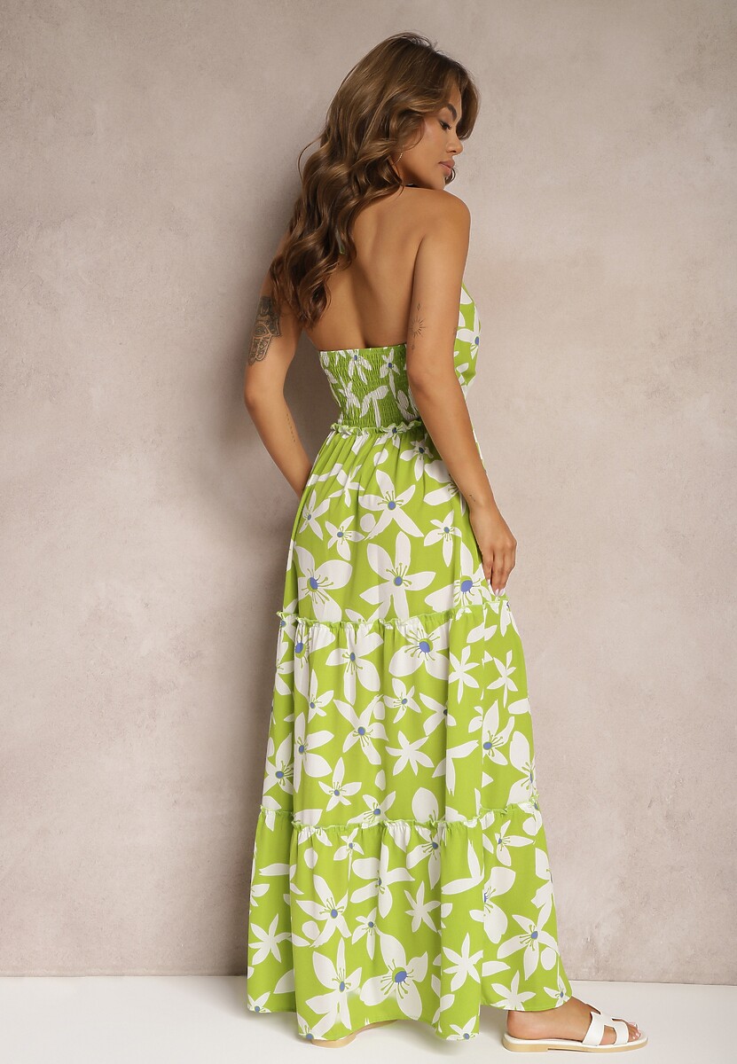 Zielona Sukienka z Kopertowym Dekoltem i Gumką w Talii Wiązana na Szyi Vikillaia