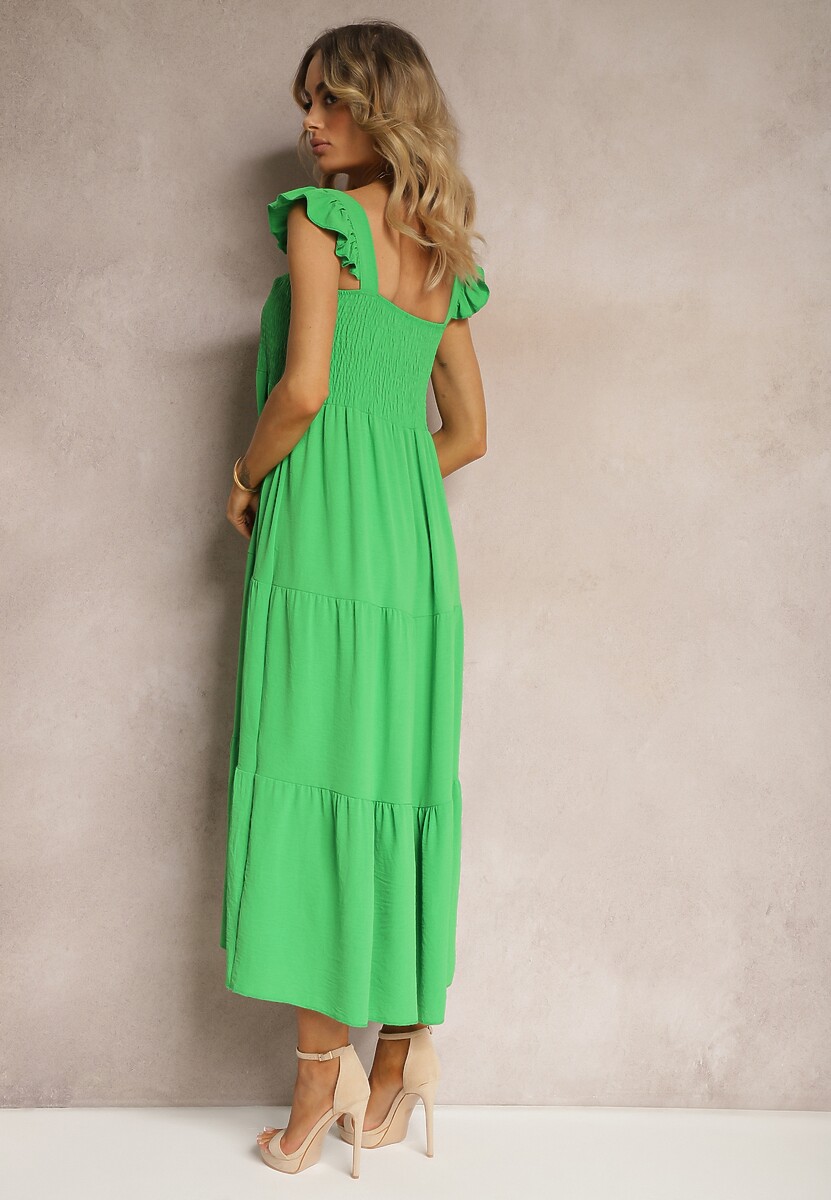 Zielona Rozkloszowana Sukienka na Grubych Ramiączkach z Falbankami Gasena