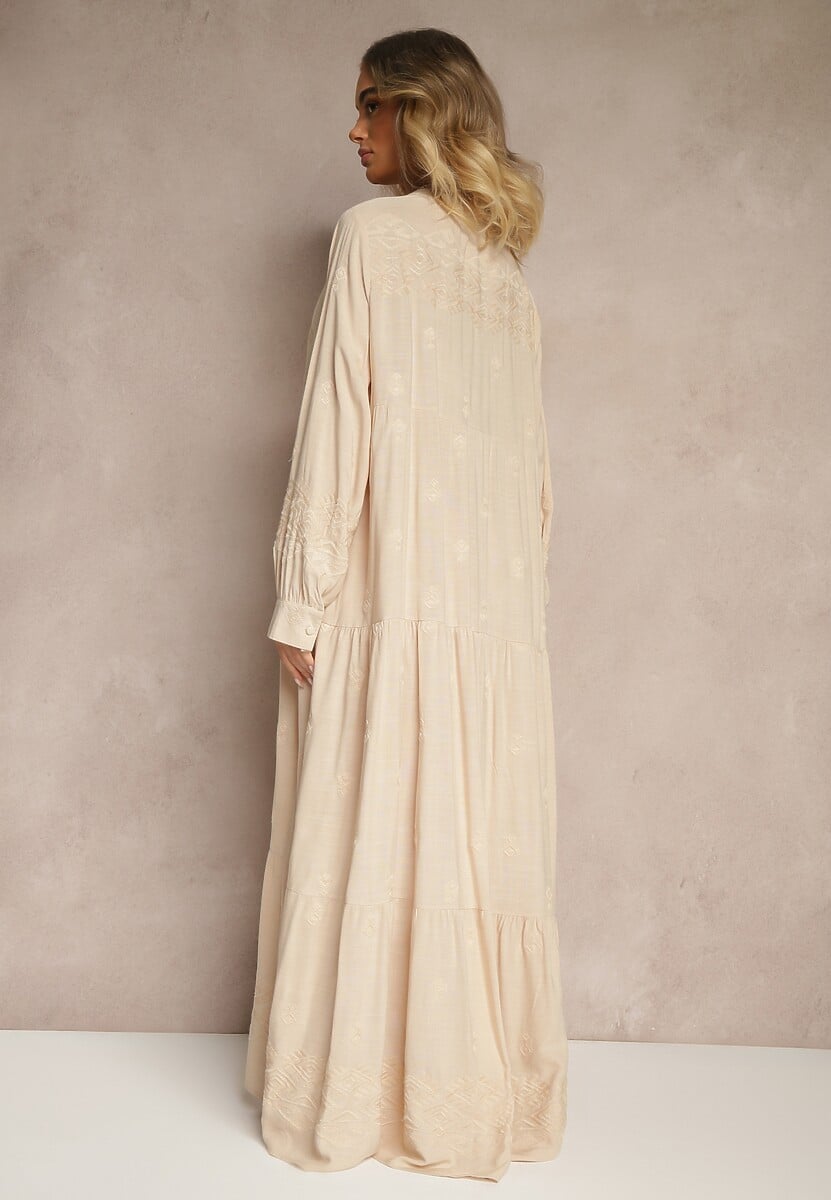 Beżowa Rozkloszowana Sukienka Ozdobiona Haftem i Wzorem Boho Ronavere