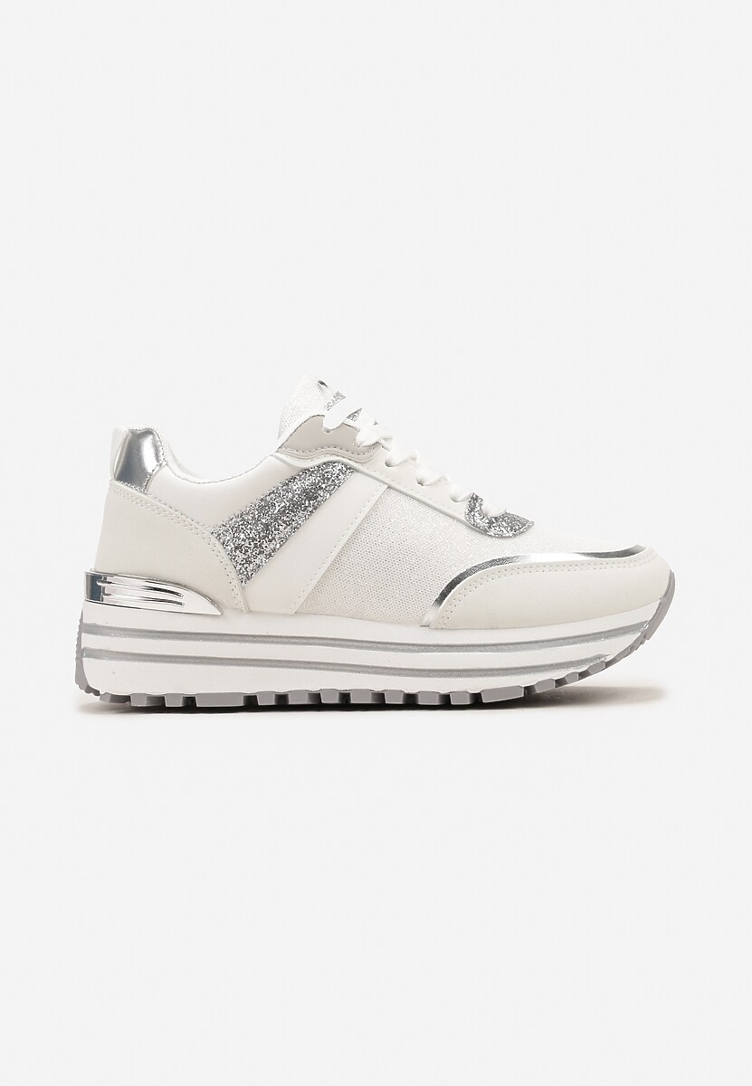 Biało-Srebrne Sneakersy z Brokatem na Ozdobnej Grubej Podeszwie Rilveia