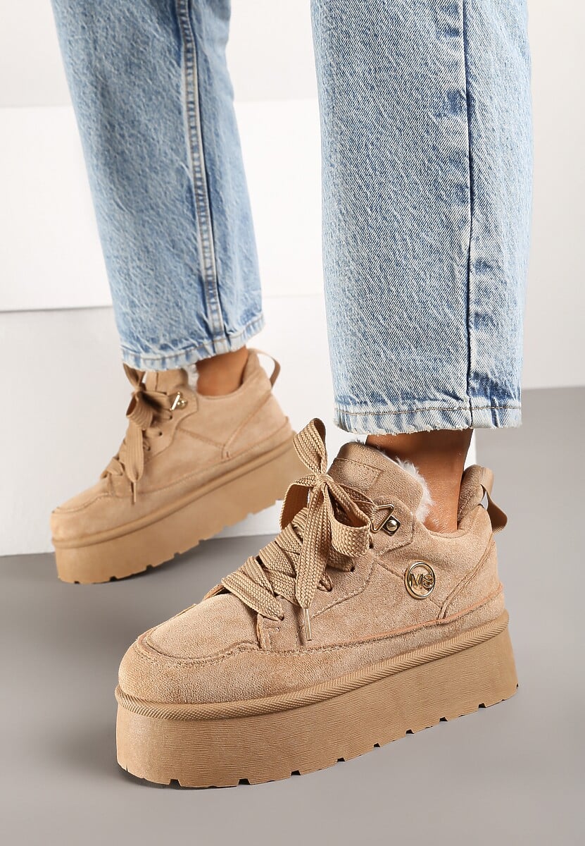 Brązowe Sneakersy z Ekozamszu na Grubej Podeszwie Wyściełane Futerkiem Senavel