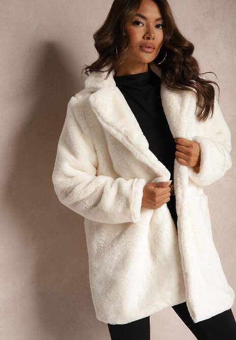 Jasnobeżowy Futrzany Płaszcz Jednorzędowy z Podszewką i Kieszeniami Daithianne