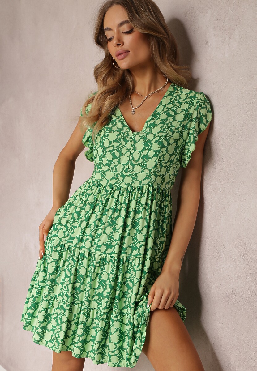 Zielona Rozkloszowana Sukienka z Wiskozy z Falbankami Tuls