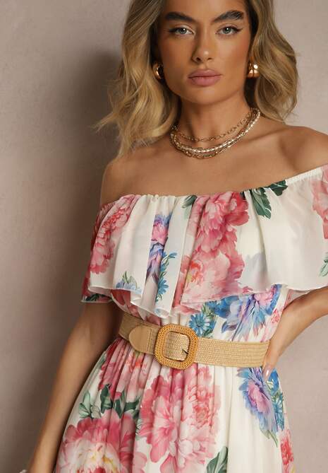 Różowa Sukienka Hiszpanka z Kwiatowym Wzorem i Plecionym Paskiem Sadeene