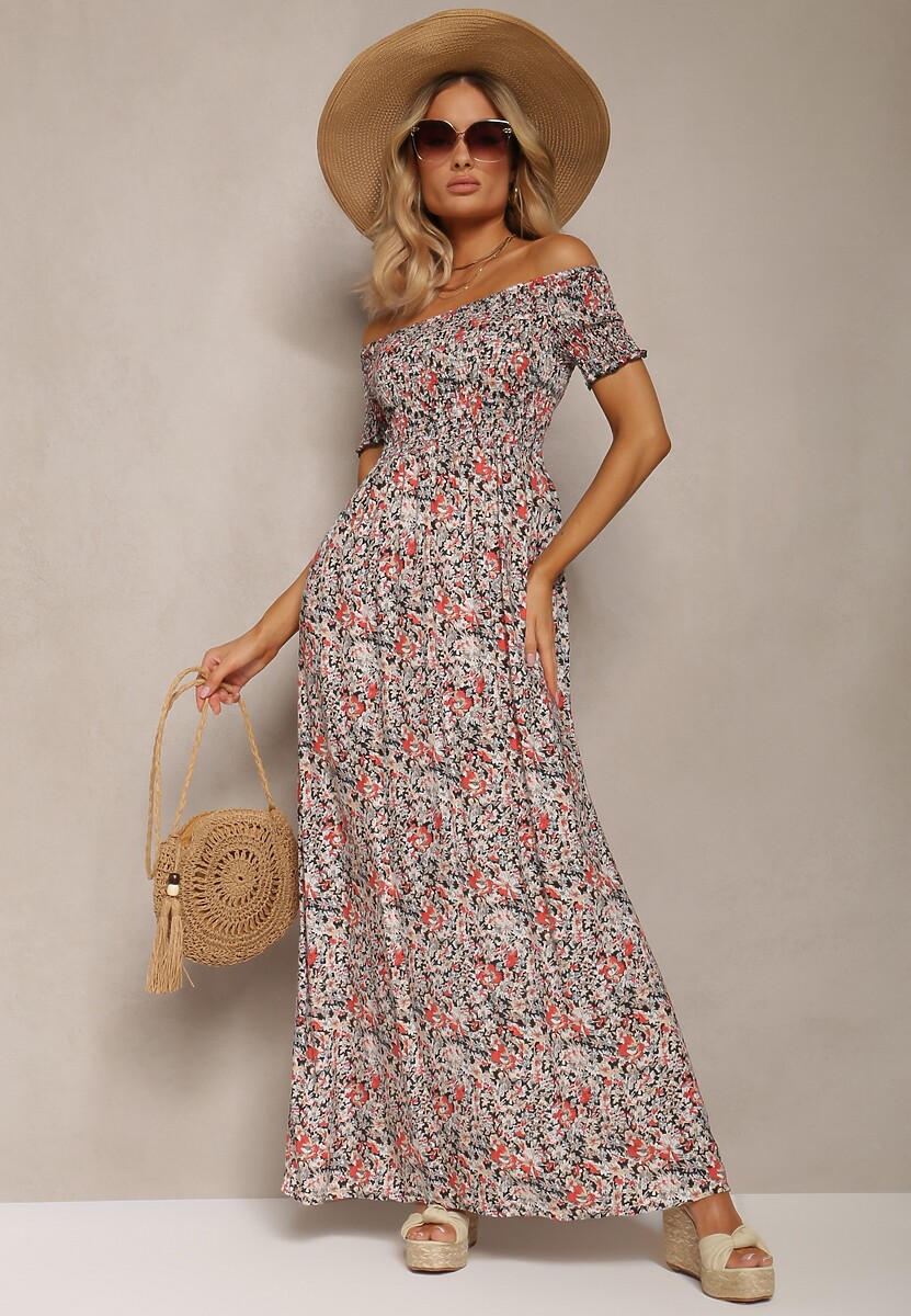 Czarno-Różowa  Długa Sukienka Bawełniana Hiszpanka w Kwiatowy Wzór Nrosa