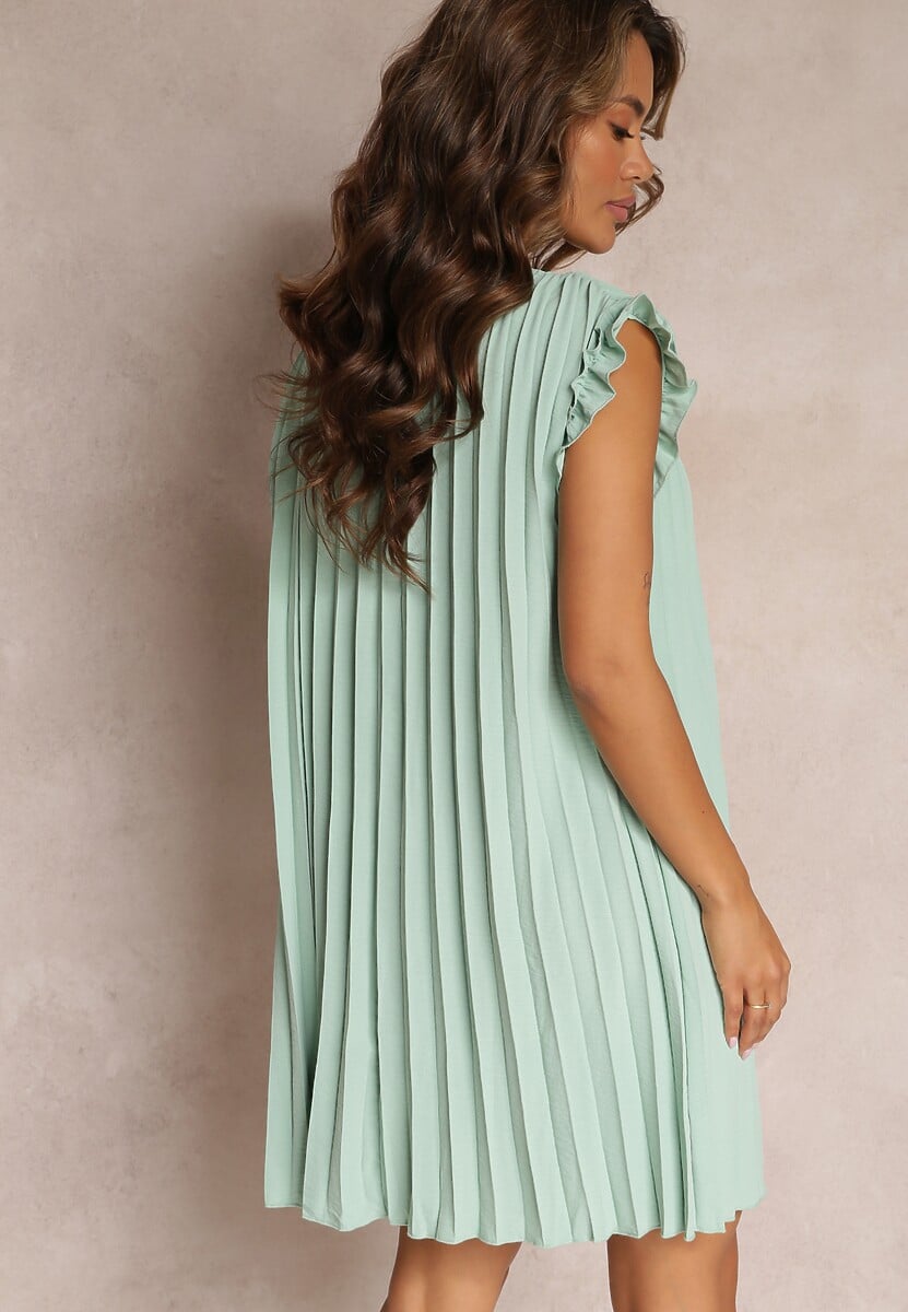 Jasnozielona Plisowana Sukienka Mini z Falbankami Trinida