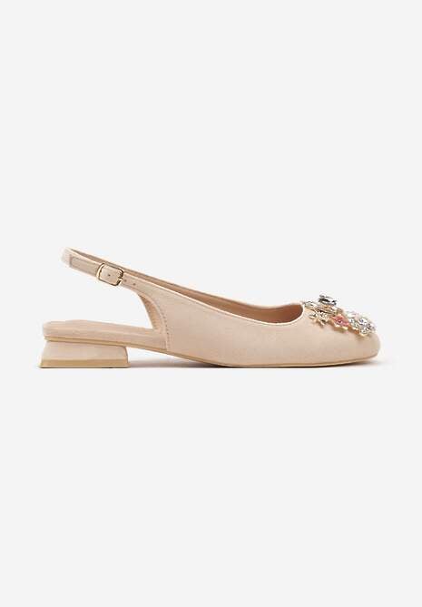 Beżowe Czółenka Slingback Vices z Cyrkoniami i Wkładką ze Skóry Eklina