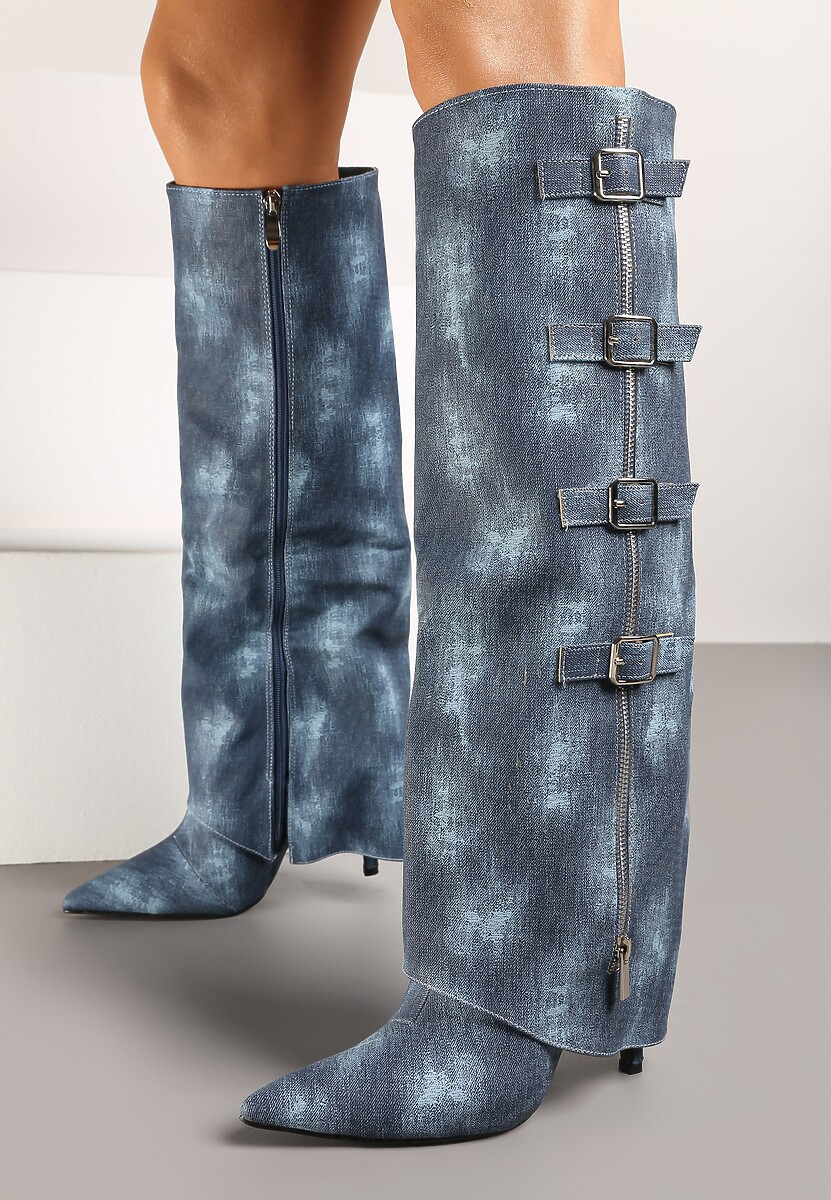 Niebieskie Kozaki Jeansowe na Szpilce z Klamrami na Wywiniętej Cholewce Riaviraen