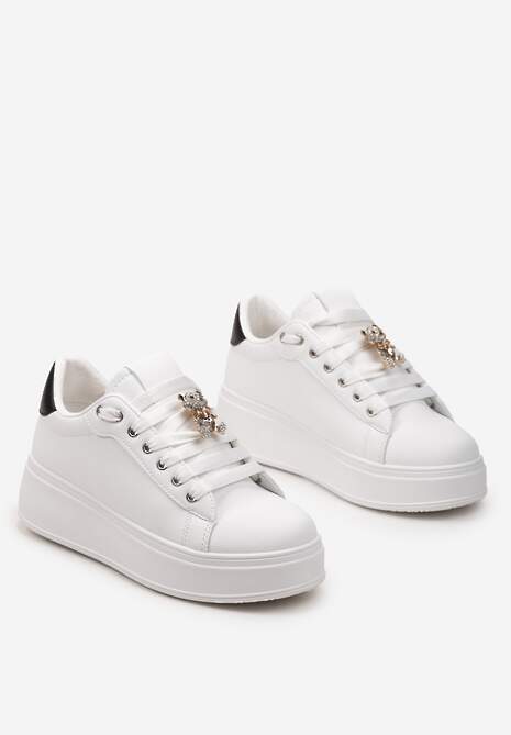 Biało-Czarne Sneakersy z Imitacji Skóry na Platformie z Ozdobą z Cyrkonii Imbercca
