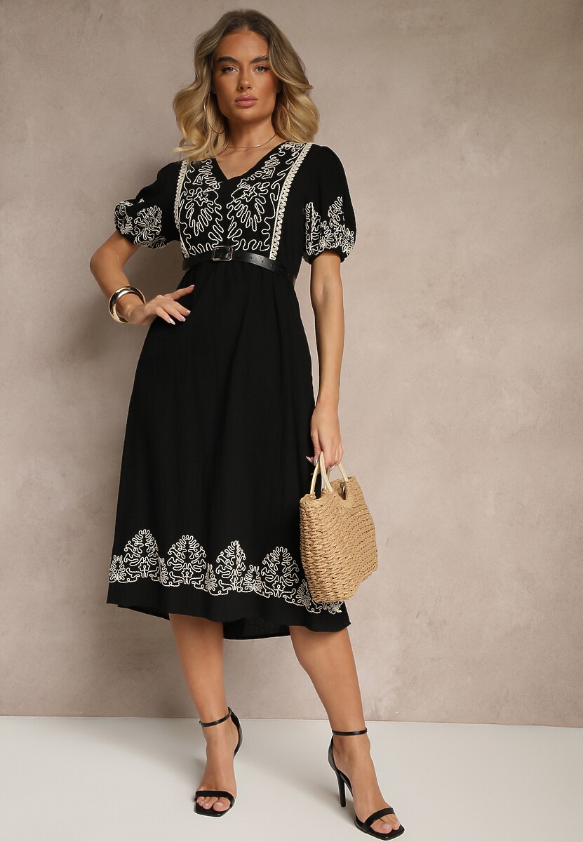 Czarna Rozkloszowana Sukienka z Bawełny w Stylu Boho z Haftowanymi Zdobieniami Lannilsa