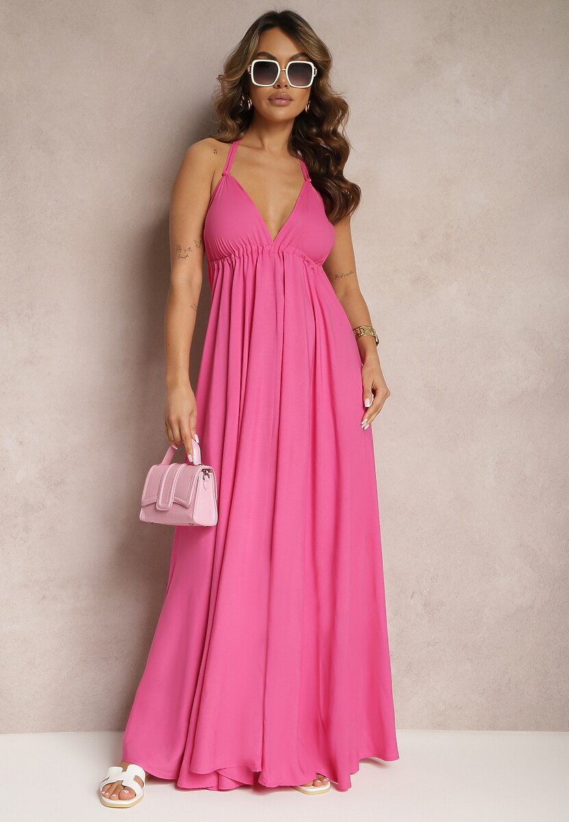 Fuksjowa Rozkloszowana Sukienka Wiązana na Szyi i Plecach z Wiskozy Weilin