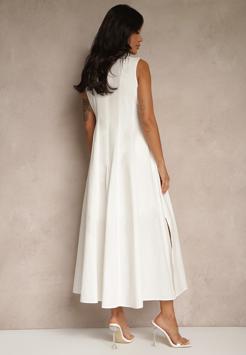 Biała Sukienka Rozkloszowana z Wiskozą Bawełną i Rozcięciem na Nogę Saravisse