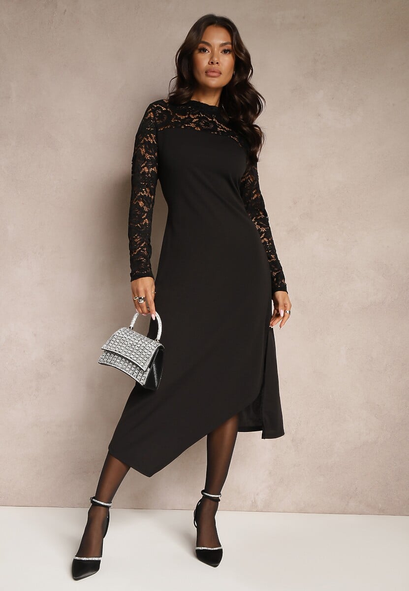 Czarna Taliowana Sukienka o Rozkloszowanym Kroju Ozdobiona Koronką Edamora