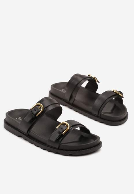 Czarne Klapki z Paskami na Klamry Yasazi